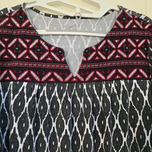 Kim Rogers XL Cotton Black White & Red Tribal Print Split Neck Top / Blouse